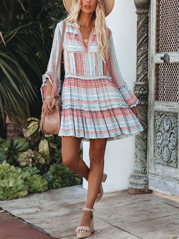 V-Neck Long Sleeve Stripe Casual Dress – Spring Knit Fit, Sky Blue