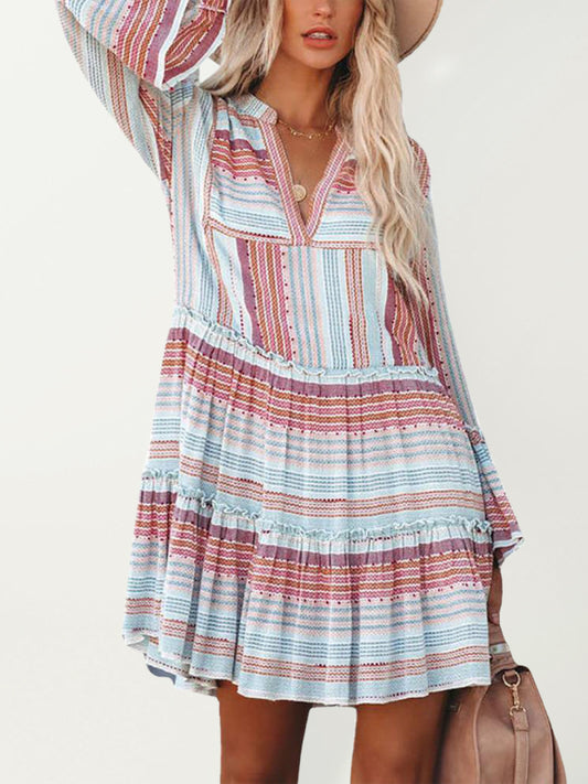 V-Neck Long Sleeve Stripe Casual Dress – Spring Knit Fit, Sky Blue