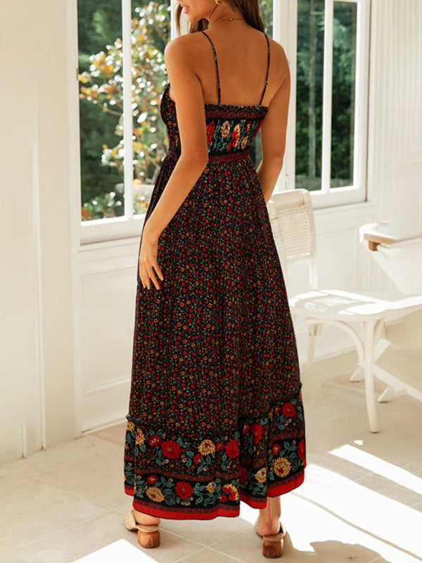 Bohemian Floral Maxi Dress – V-Neck Sleeveless Swing Skirt for Summer