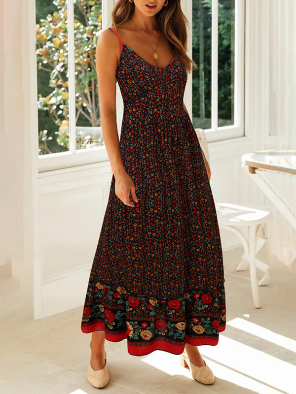 Bohemian Floral Maxi Dress – V-Neck Sleeveless Swing Skirt for Summer