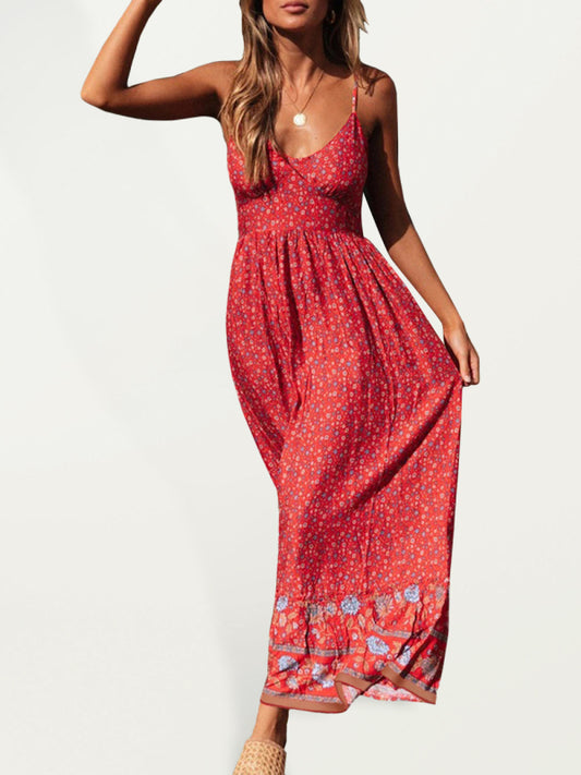 Bohemian Floral Maxi Dress – V-Neck Sleeveless Swing Skirt for Summer