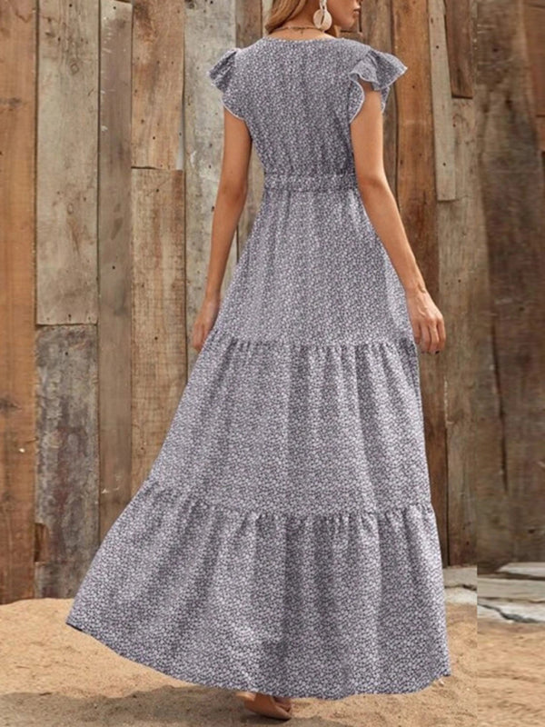 Leisure V-Neck Maxi Vacation Dress – Flowy Knit Polyester, Floral Print