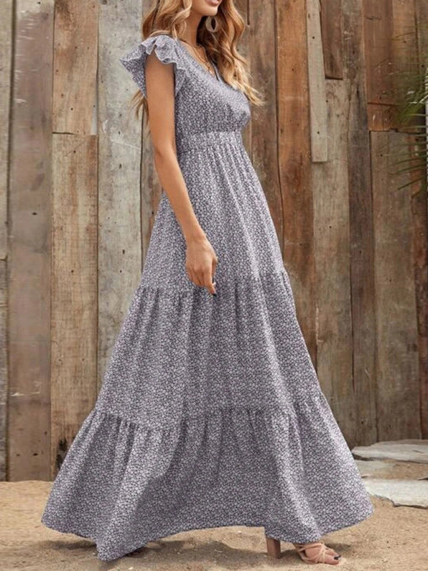 Leisure V-Neck Maxi Vacation Dress – Flowy Knit Polyester, Floral Print