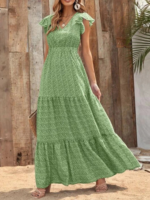 Leisure V-Neck Maxi Vacation Dress – Flowy Knit Polyester, Floral Print