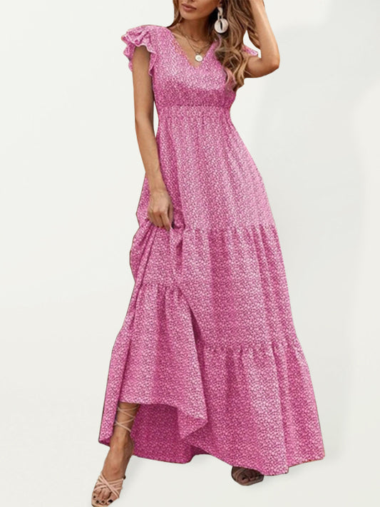 Leisure V-Neck Maxi Vacation Dress – Flowy Knit Polyester, Floral Print