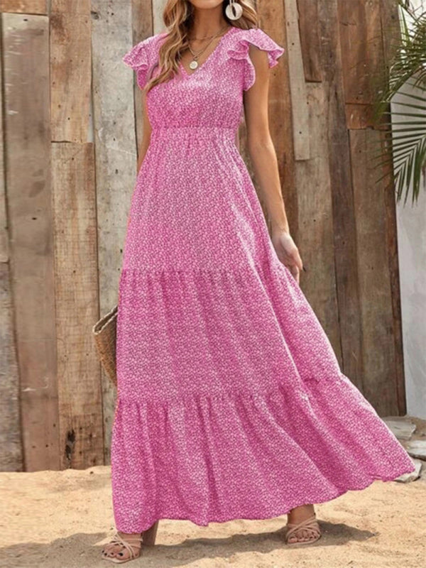 Leisure V-Neck Maxi Vacation Dress – Flowy Knit Polyester, Floral Print