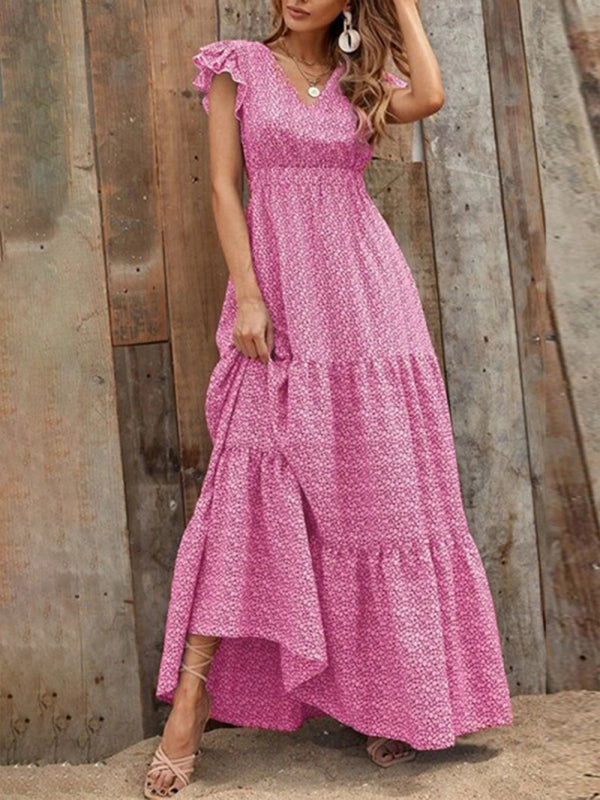 Leisure V-Neck Maxi Vacation Dress – Flowy Knit Polyester, Floral Print