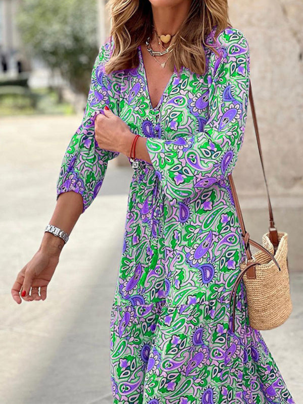 Bohemian V-Neck Maxi Swing Dress – Lightweight Print for Spring & Summer