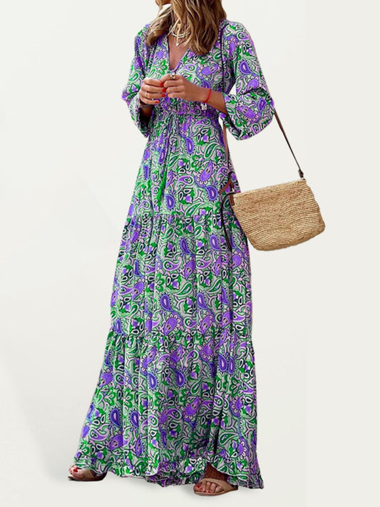 Bohemian V-Neck Maxi Swing Dress – Lightweight Print for Spring & Summer