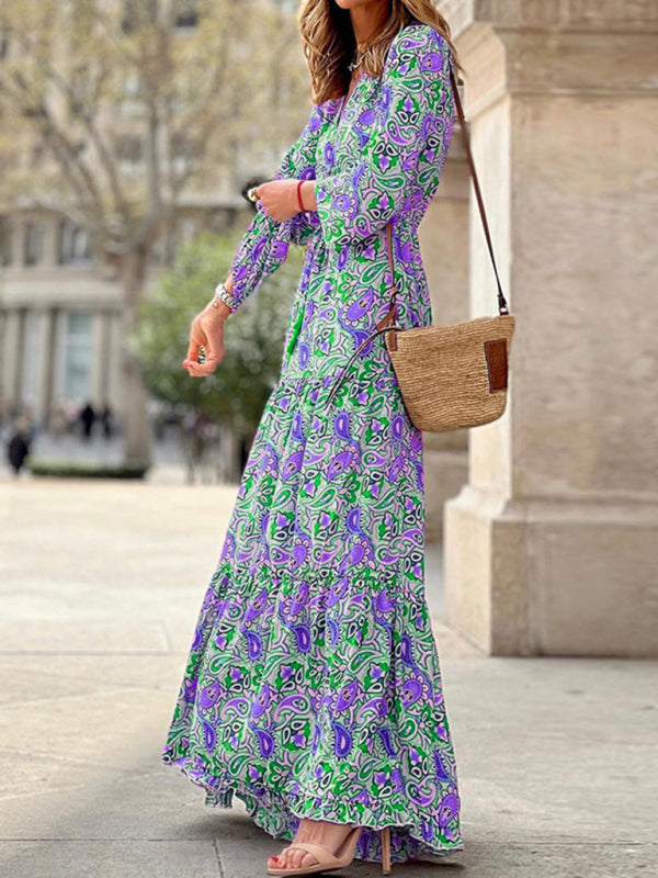 Bohemian V-Neck Maxi Swing Dress – Lightweight Print for Spring & Summer