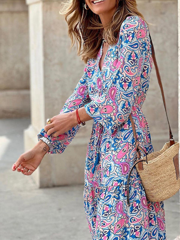 Bohemian V-Neck Maxi Swing Dress – Lightweight Print for Spring & Summer