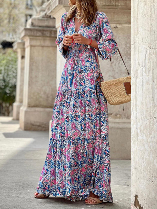 Bohemian V-Neck Maxi Swing Dress – Lightweight Print for Spring & Summer
