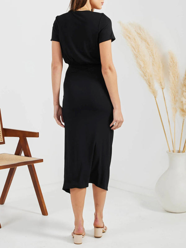 Solid V-Neck Drawstring Slit Midi Dress – Casual Short Sleeve Summer Style