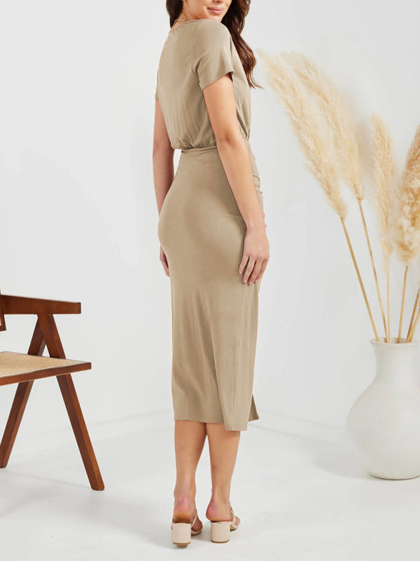 Solid V-Neck Drawstring Slit Midi Dress – Casual Short Sleeve Summer Style