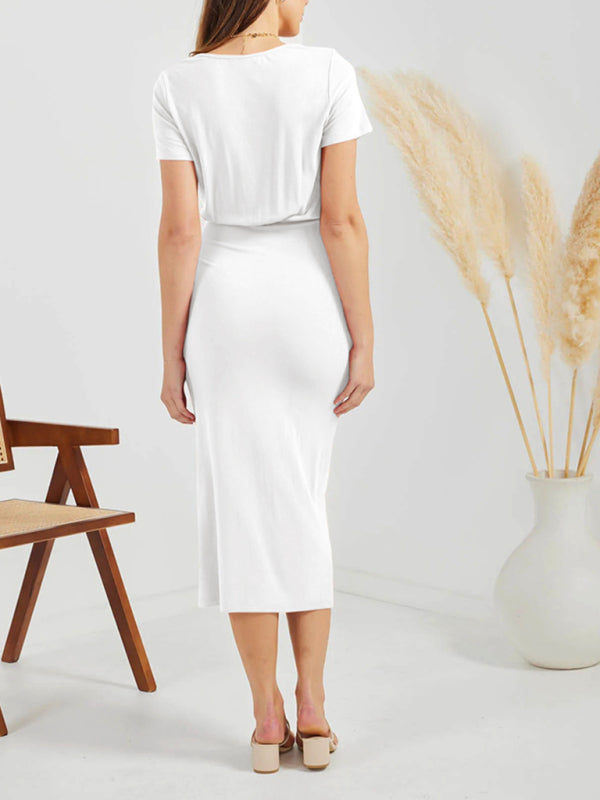 Solid V-Neck Drawstring Slit Midi Dress – Casual Short Sleeve Summer Style