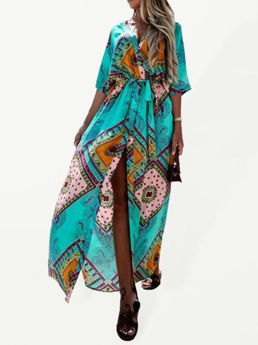 Chiffon Print Maxi Dress – V-Neck, Mid-Waist, Bohemian Style for Summer