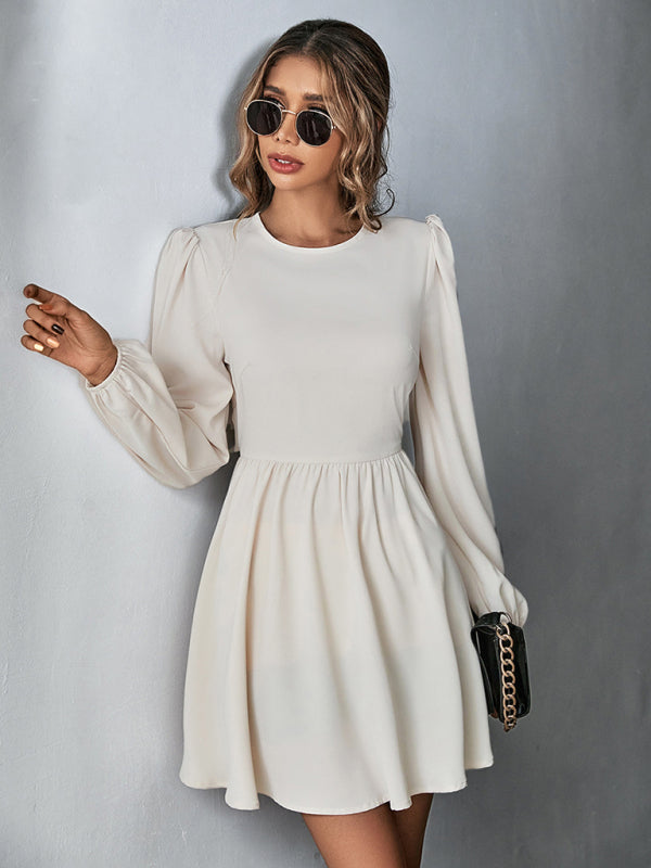 Romantic Woven Backless A-Line Dress – Long Sleeves & Ruffle Detail