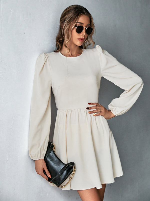 Romantic Woven Backless A-Line Dress – Long Sleeves & Ruffle Detail