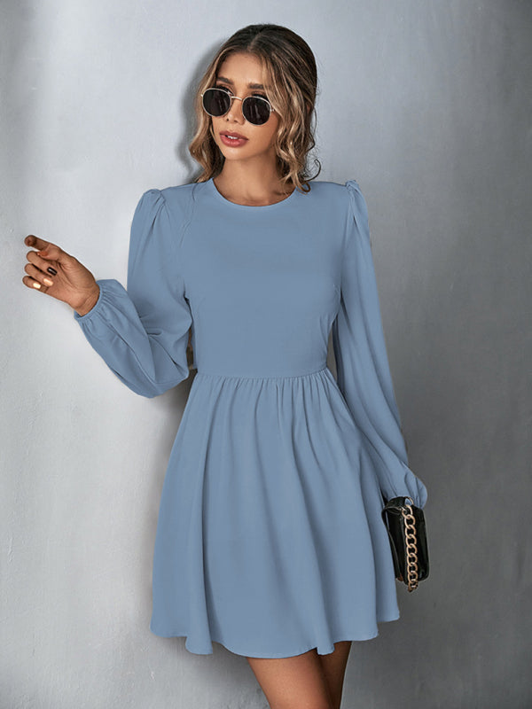 Romantic Woven Backless A-Line Dress – Long Sleeves & Ruffle Detail
