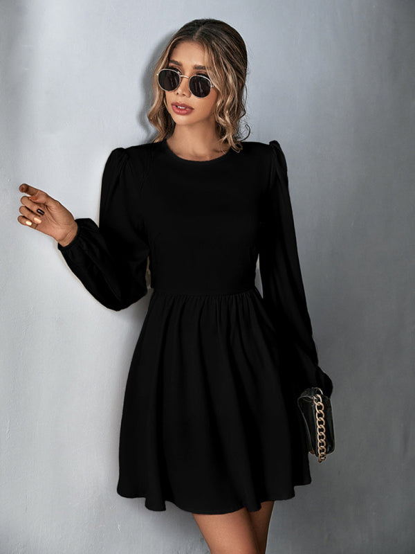 Romantic Woven Backless A-Line Dress – Long Sleeves & Ruffle Detail