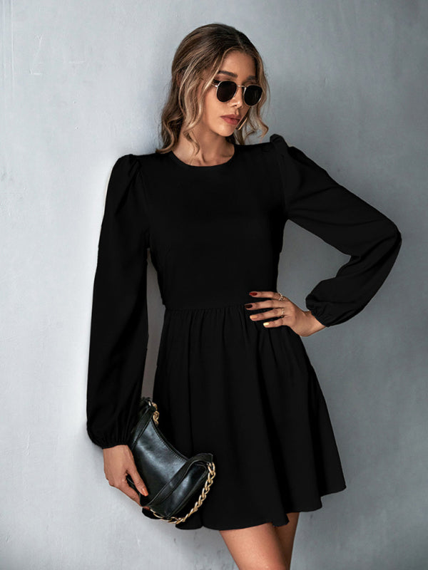 Romantic Woven Backless A-Line Dress – Long Sleeves & Ruffle Detail