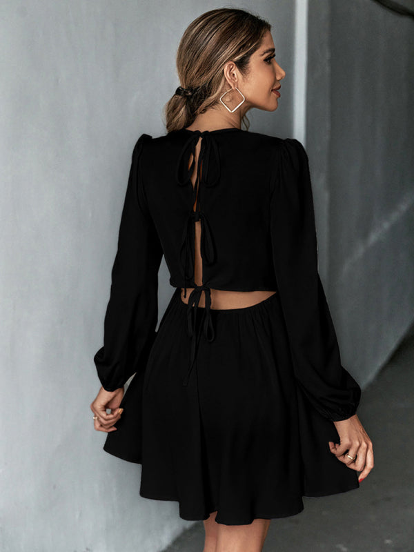 Romantic Woven Backless A-Line Dress – Long Sleeves & Ruffle Detail