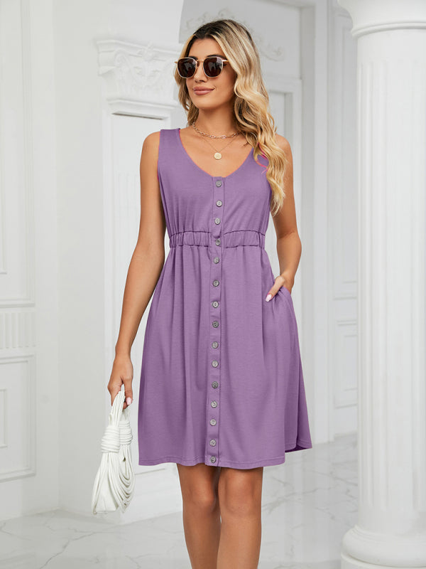 Ärmelloses Damen-Midikleid aus Strick mit Knöpfen, Taschen und Taillenschlitz