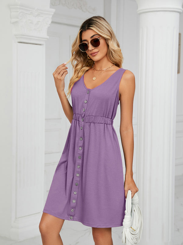 Ärmelloses Damen-Midikleid aus Strick mit Knöpfen, Taschen und Taillenschlitz