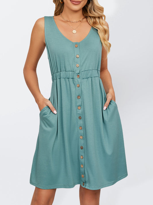 Ärmelloses Damen-Midikleid aus Strick mit Knöpfen, Taschen und Taillenschlitz