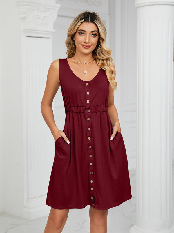 Ärmelloses Damen-Midikleid aus Strick mit Knöpfen, Taschen und Taillenschlitz