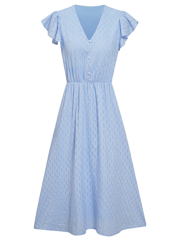 Solid V-neck Cinched Waist Cotton Dress - Lightweight Short Sleeve Midi