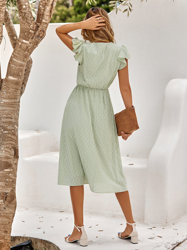 Solid V-neck Cinched Waist Cotton Dress - Lightweight Short Sleeve Midi