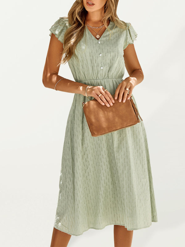Solid V-neck Cinched Waist Cotton Dress - Lightweight Short Sleeve Midi