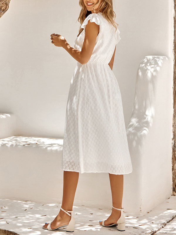 Solid V-neck Cinched Waist Cotton Dress - Lightweight Short Sleeve Midi