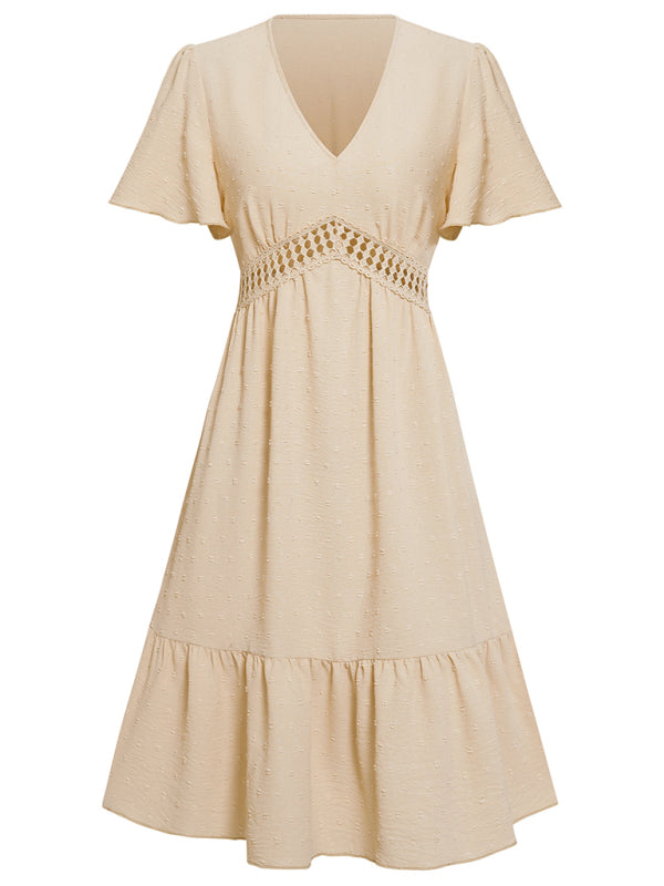 Lace Stitch Ruffle Sleeve V-Neck Dress – Lightweight, Spring-Summer Style
