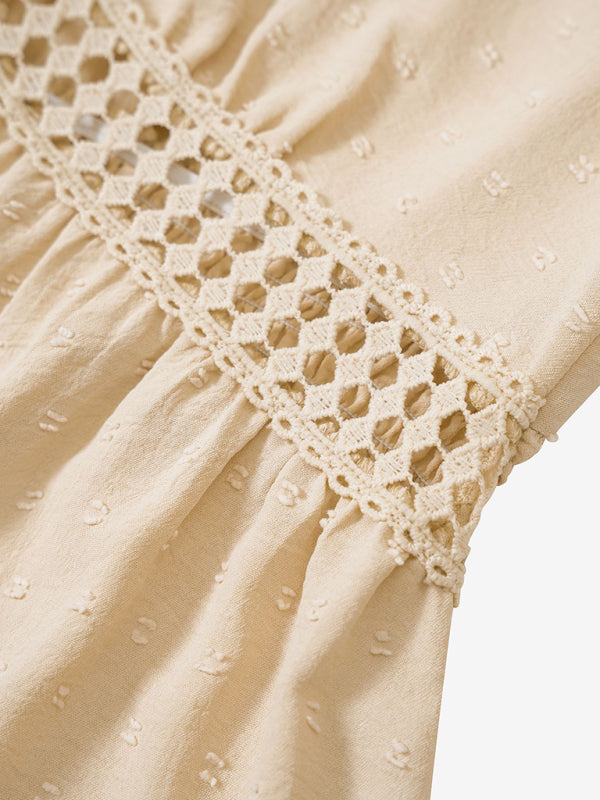 Lace Stitch Ruffle Sleeve V-Neck Dress – Lightweight, Spring-Summer Style