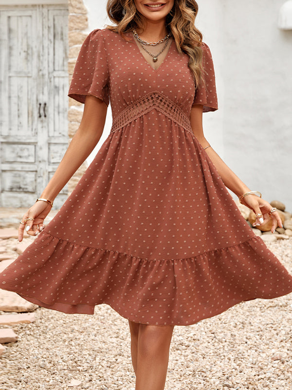 Lace Stitch Ruffle Sleeve V-Neck Dress – Lightweight, Spring-Summer Style