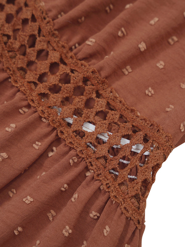 Lace Stitch Ruffle Sleeve V-Neck Dress – Lightweight, Spring-Summer Style