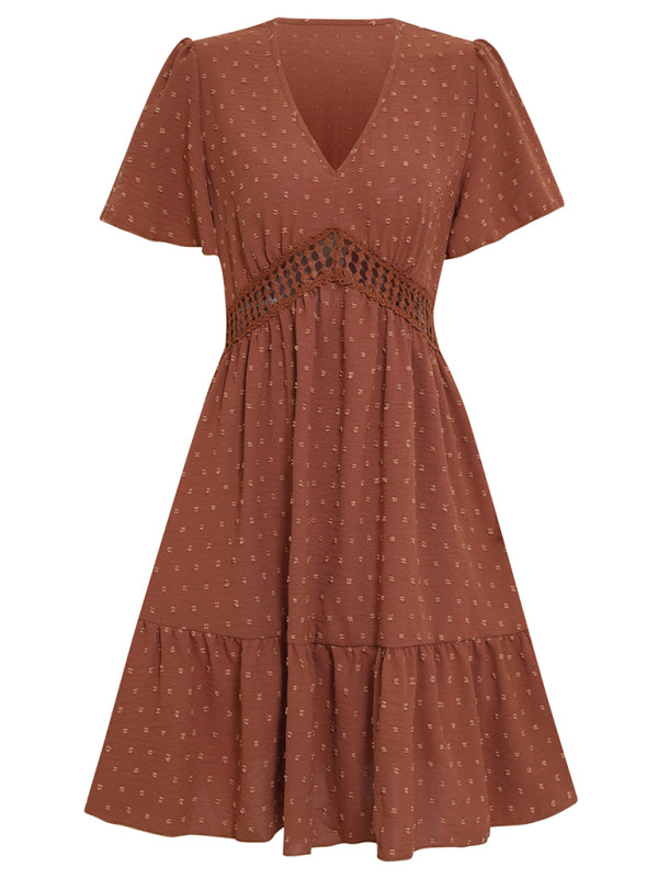 Lace Stitch Ruffle Sleeve V-Neck Dress – Lightweight, Spring-Summer Style