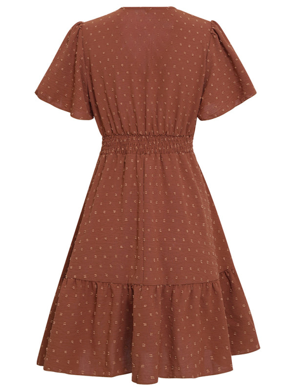 Lace Stitch Ruffle Sleeve V-Neck Dress – Lightweight, Spring-Summer Style