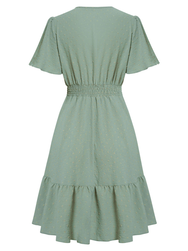 Lace Stitch Ruffle Sleeve V-Neck Dress – Lightweight, Spring-Summer Style