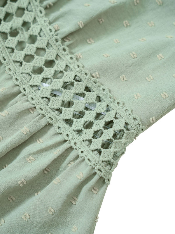 Lace Stitch Ruffle Sleeve V-Neck Dress – Lightweight, Spring-Summer Style