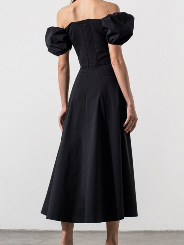 Solid Puff Sleeve Tie Slim Dress – One-Shoulder Short Sleeve Style