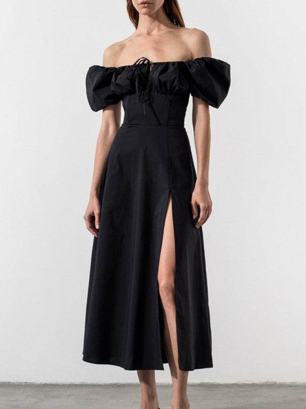 Solid Puff Sleeve Tie Slim Dress – One-Shoulder Short Sleeve Style