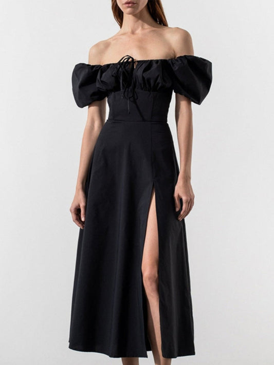 Solid Puff Sleeve Tie Slim Dress – One-Shoulder Short Sleeve Style