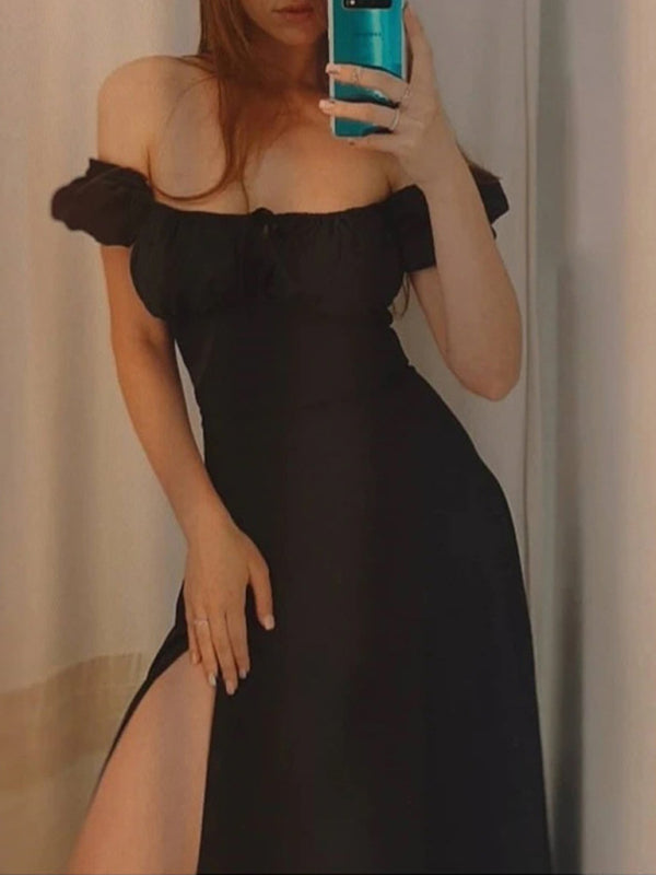 Solid Puff Sleeve Tie Slim Dress – One-Shoulder Short Sleeve Style