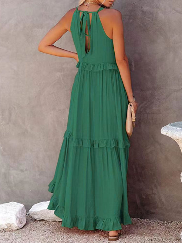 Sleeveless A-Line Maxi Dress – Halter Neck, Solid Color, Lightweight Fit