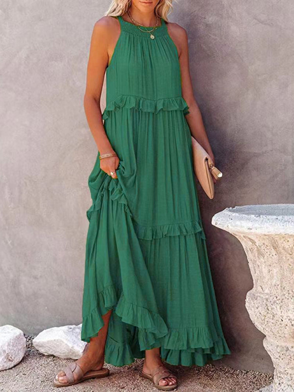 Sleeveless A-Line Maxi Dress – Halter Neck, Solid Color, Lightweight Fit