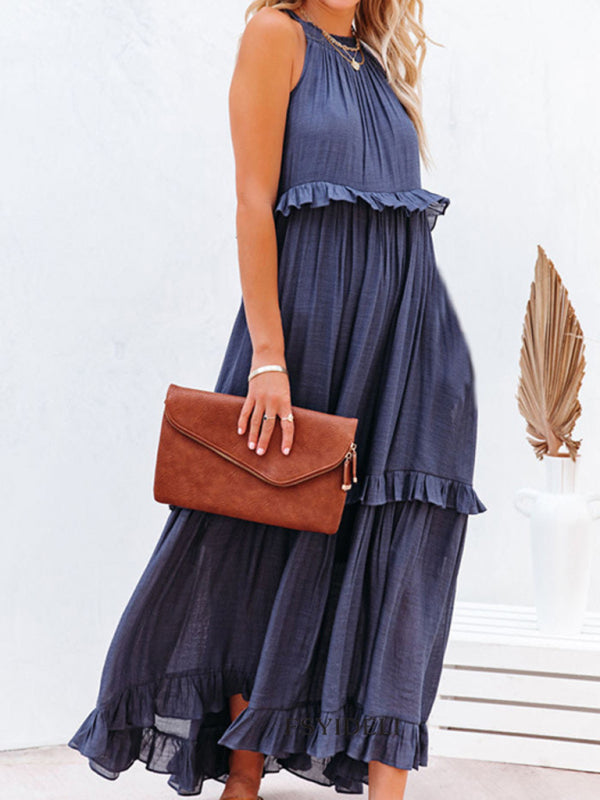 Sleeveless A-Line Maxi Dress – Halter Neck, Solid Color, Lightweight Fit