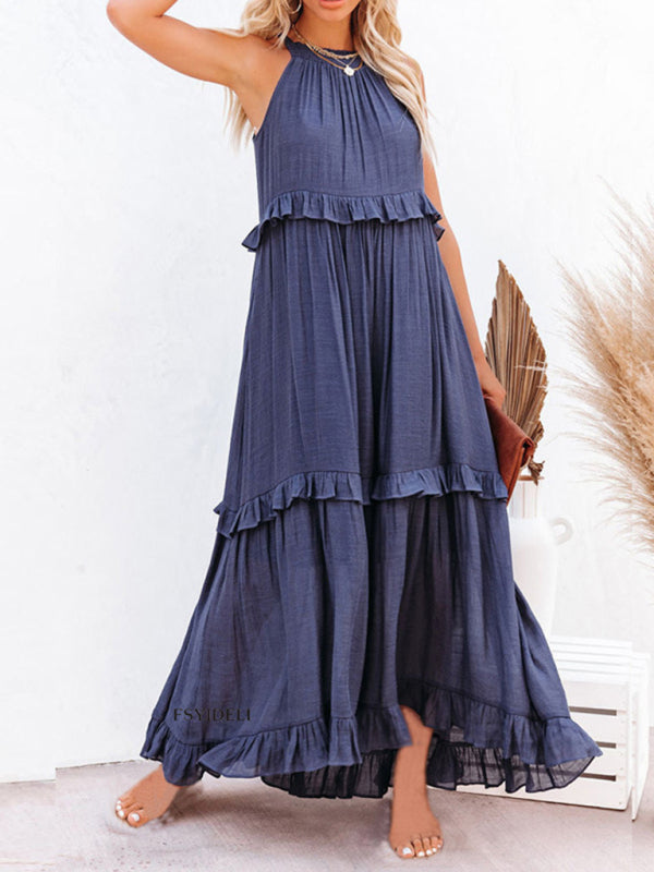 Sleeveless A-Line Maxi Dress – Halter Neck, Solid Color, Lightweight Fit